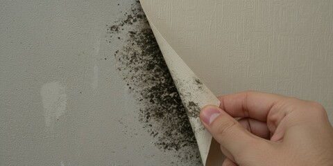 Hand reveals black mold growth under modern wallpaper peeled off damp concrete wall, water damage, unhealthy living, moisture, home renovation, air quality, real estate issues. Mold Awareness Month