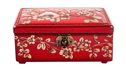 Elegant Red Jewelry Box with Exquisite Floral Design Isolated on White Background, Perfect for Luxury and Romance Themes