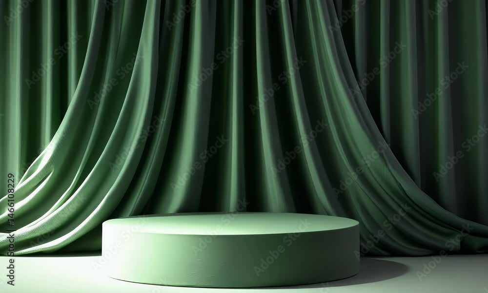 Poster 3d render, an abstract minimalistic background with an empty stage podium and elegant curtains in a 
