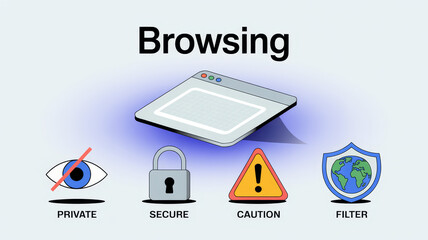 Browsing Internet Security infographics: An isometric illustration of a web browser with security icons such as privacy, padlock, caution and filter, representing secure browsing experience.