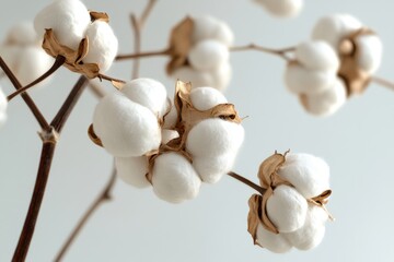 Close up shot of fluffy white cotton flowers on a delicate branch stem