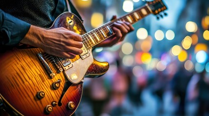 Close-up of person playing electric guitar outdoors. Blurry city lights background