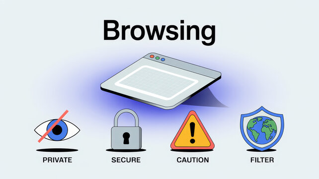 Browsing Internet Security infographics: An isometric illustration of a web browser with security icons such as privacy, padlock, caution and filter, representing secure browsing experience.