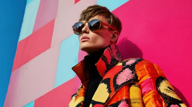 Vibrant Fashion Portrait Against Colorful Urban Mural with Stylish Sunglasses and Bold Print Outfit 4k video footage