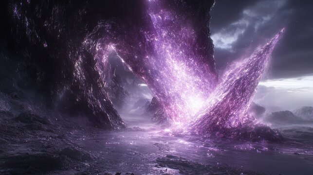 Nebulaic convergence on xantus twilight landscape with glimmering cosmic dust a radiant display of celestial energy phenomena