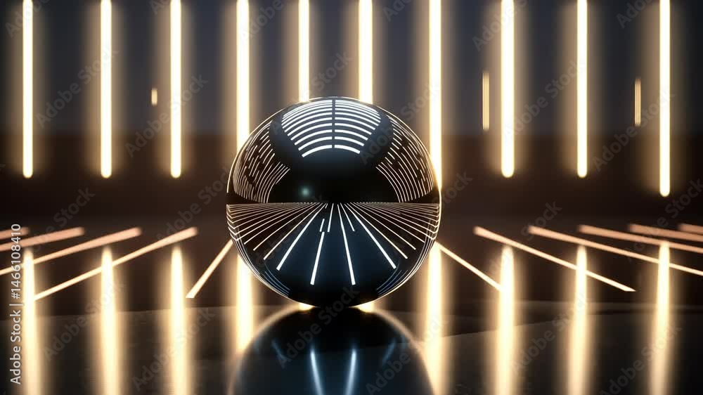 Poster reflective sphere with glowing lines in dark futuristic setting creates captivating atmosphere