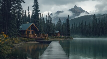 Obraz premium Cozy cabin by the serene lake at dusk with reflections of trees and mountains in the water