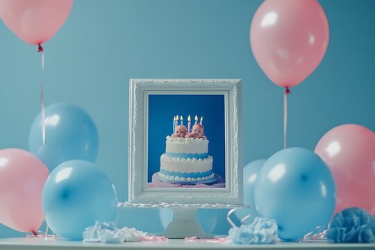 Adorable twins birthday celebration featured in a framed photo surrounded by balloons and decorations