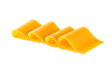 cheddar cheese cut into slices isolated on a white background.