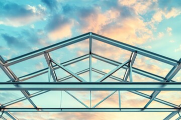 Fototapeta premium Steel roof structure against a pastel sky at sunset.