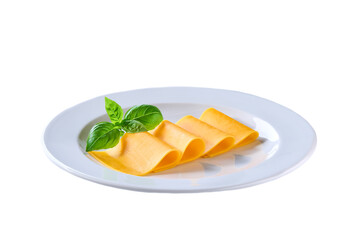 slices of tasty cheddar cheese in a white bowl isolated on a white background.