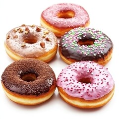 Assorted donuts, various flavors and toppings.  Colorful glazed, sprinkled, and nut-topped donuts arranged in a  group