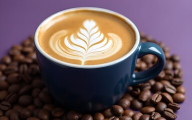 Close-up of a beautifully crafted latte art in a dark blue cup surrounded by coffee beans on a purple surface. High quality