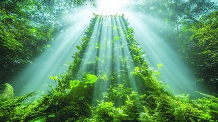 Obraz premium Ethereal cascade of sunlight through verdant canopy a natural spectacle illuminating vitality growth and serene ambience enhancing beauty