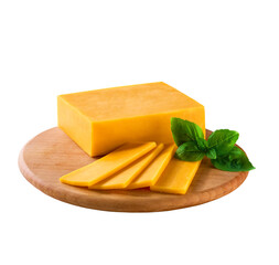 pieces of cheddar cheese on a cutting board isolated on a white background.