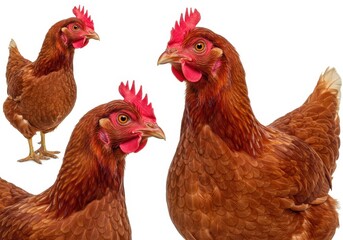 Three brown hens with red combs isolated against a white background in a studio setting
