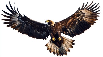 Golden Eagle Wings Spread Isolated on White Background. Cutout of Majestic and Powerful Presence.