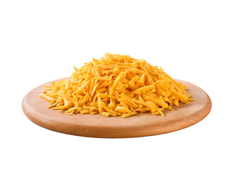 shredded cheddar cheese on a cutting board isolated on a white background.