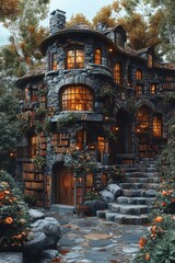 Obraz premium Enchanting stone house nestled in autumn woods, illuminated windows, book-lined walls, inviting steps