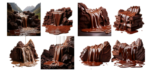 Rich Chocolate Flowing Over Rocks in a Natural Landscape Setting, Isolated on Transparent, white background