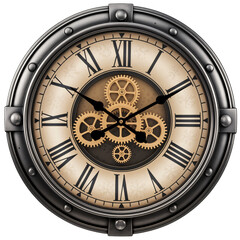 Fototapeta premium Antique Round Wall Clock with Roman Numerals and Gears