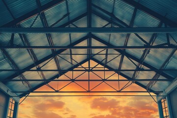 Fototapeta premium Elevated view of a metal warehouse roof at sunset.