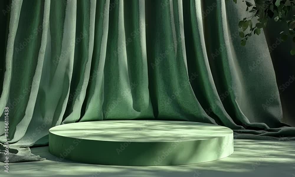 Poster 3d render, an abstract minimalistic background with an empty stage podium and elegant curtains in a 