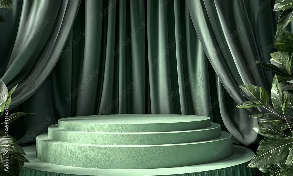 Poster 3d render, an abstract minimalistic background with an empty stage podium and elegant curtains in a 