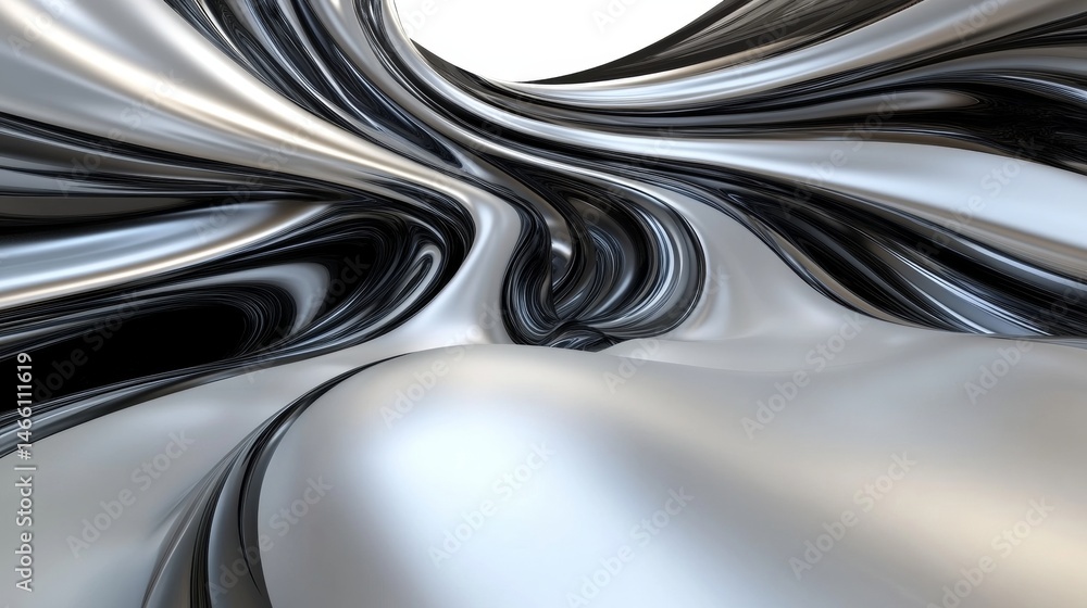 Poster luminous silver swirls: a dynamic metallic abstract rendering art
