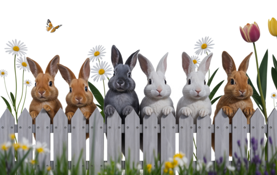 Colorful Rabbits Peeking Over a Flower-Filled Fence