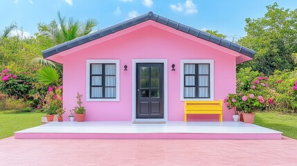 Fototapeta premium Quaint pink cottage residence set amidst a lush verdant garden idyllic architecture under a bright cerulean sky showcasing serene living