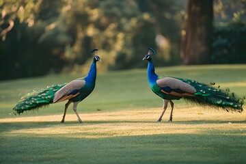 Two peacocks facing each other on a green lawn
