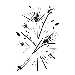 Stylized botanical arrangement with graphic linear elements and floral accents