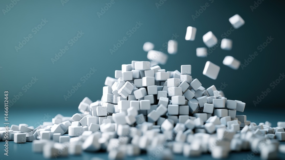 Poster close-up of a large pile of small white sugar cubes spilling over a smooth surface with a blurred te