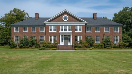 Obraz premium Grand brick residence showcasing architectural details and a sprawling green lawn against a clear blue sky in serene setting