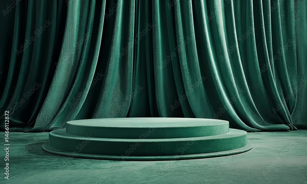 Poster 3d render, an abstract minimalistic background with an empty stage podium and elegant curtains in a 