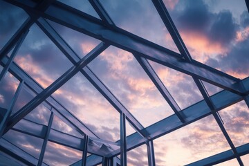 Metal framework structure against a sunset sky.
