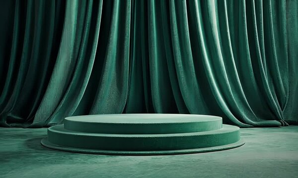 3D render, an abstract minimalistic background with an empty stage podium and elegant curtains in a green color