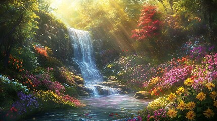 Obraz premium Vibrant flowers bloom near peaceful waterfall in lush forest high resolution picture