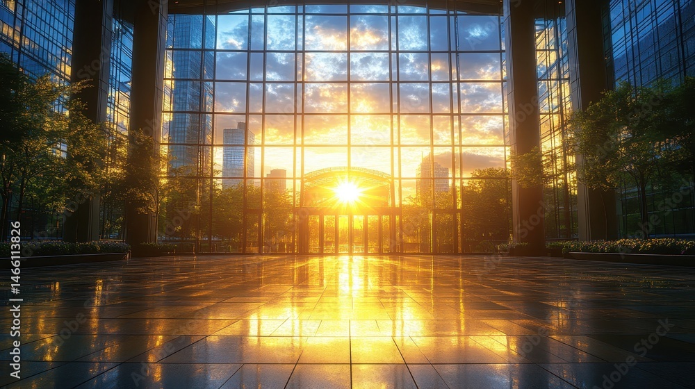 Poster modern architecture reflecting the warm glow of setting sunlight through glass windows creating an a