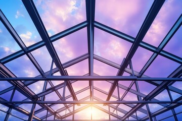 Elevated perspective of a steel roof structure under a vibrant sky.