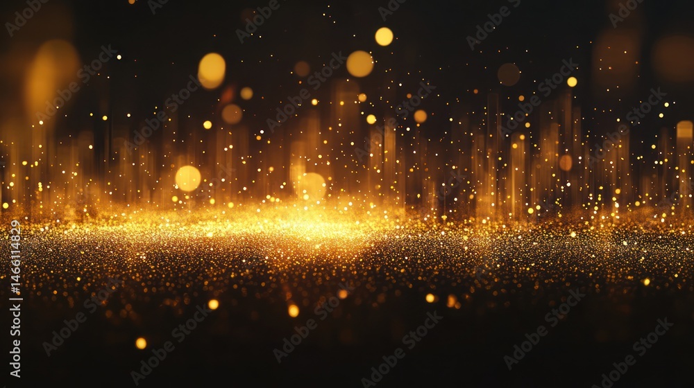 Poster golden glitter particles explode in a dark background, creating a dazzling effect of light and motio