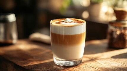 Layered coffee drink with cream and spice on wooden table.