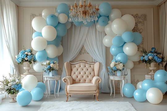 Elegant and stylish room decorated with balloons flowers and a luxurious armchair