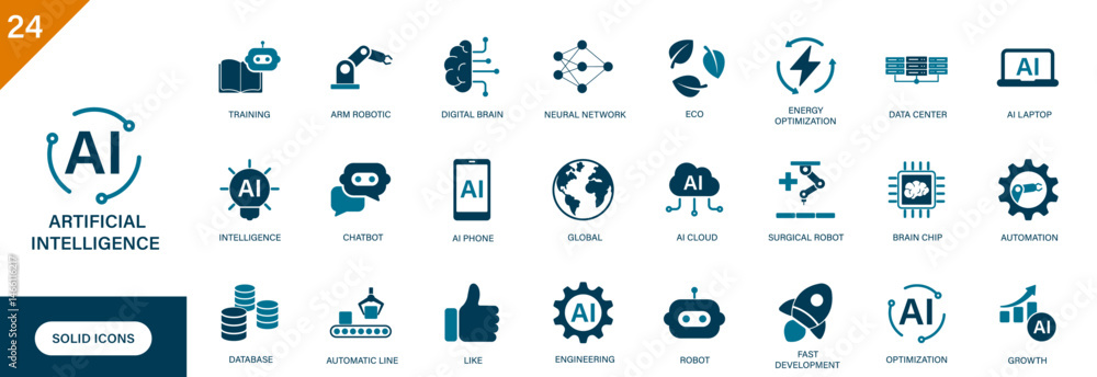 Poster ai icon. containing automation, digital brain, robot, chatbot, information technology. solid vector 