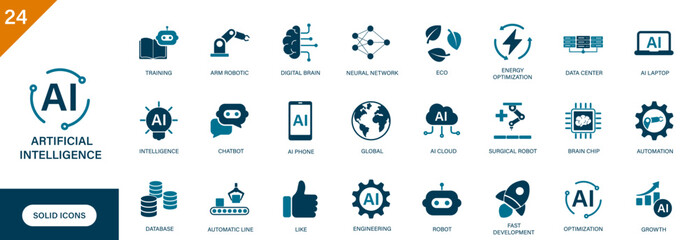 AI icon. Containing automation, digital brain, robot, chatbot, information technology. Solid vector icon set.