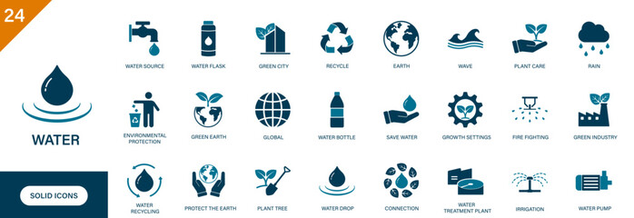 Water icon. Containing recycle, faucet, earth, environment, water drop, agriculture, green industry. Solid vector icons set.