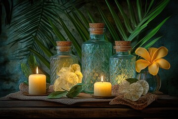 Still life with glass bottles, candles, and tropical foliage