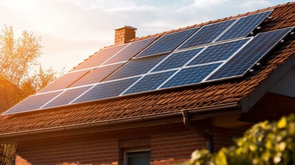 Fototapeta premium Modern residential home with extensive solar panels installed on the roof du sunny daytime to promote renewable energy and sustainable living
