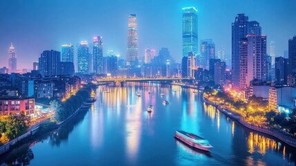 Fototapeta premium City skyline illuminated by colorful lights over a river at night in a vibrant urban setting